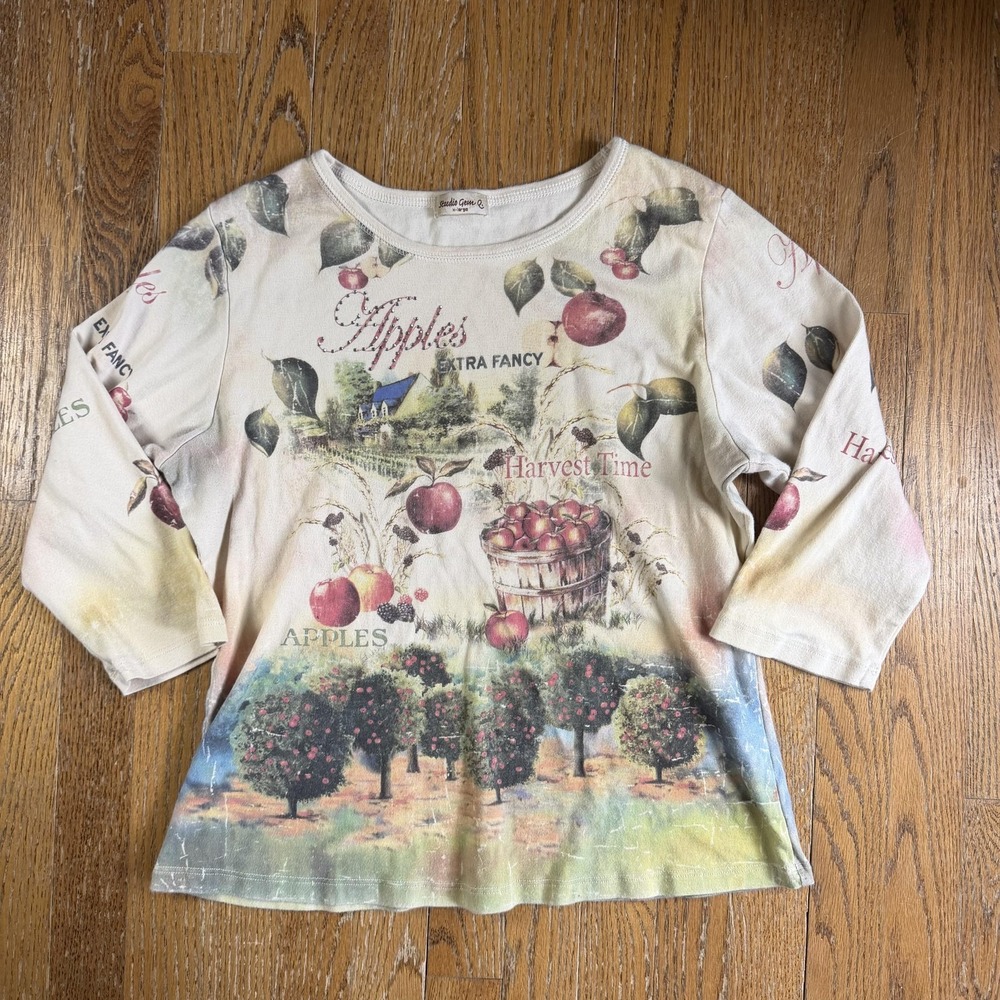 Studio Gem Shirt Womens XL Multicolor Apple Harvest Orchard 3/4 Sleeve Fall